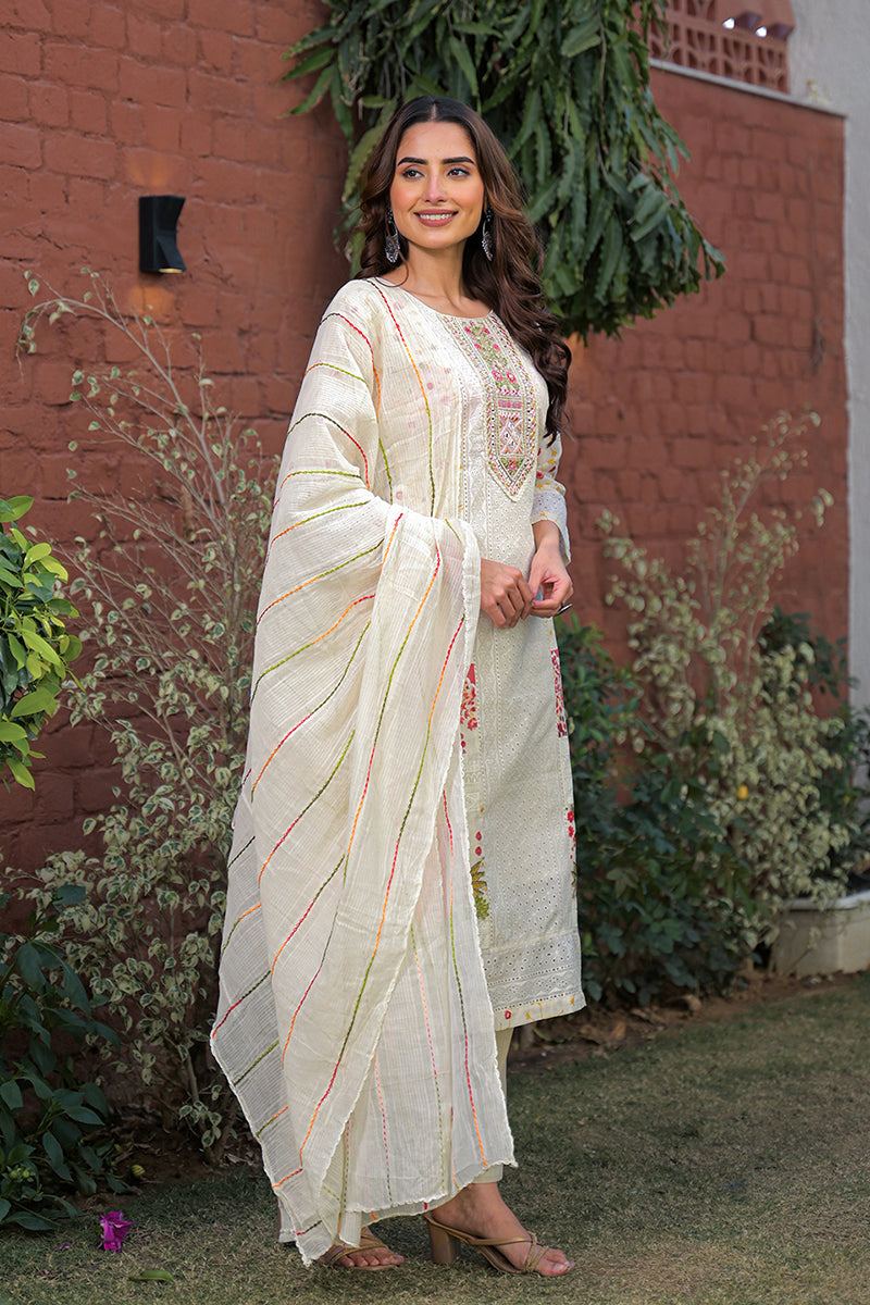 Cream Pure Cotton Ethnic Motifs Printed Straight Kurta Trousers With Dupatta PKSKD3192