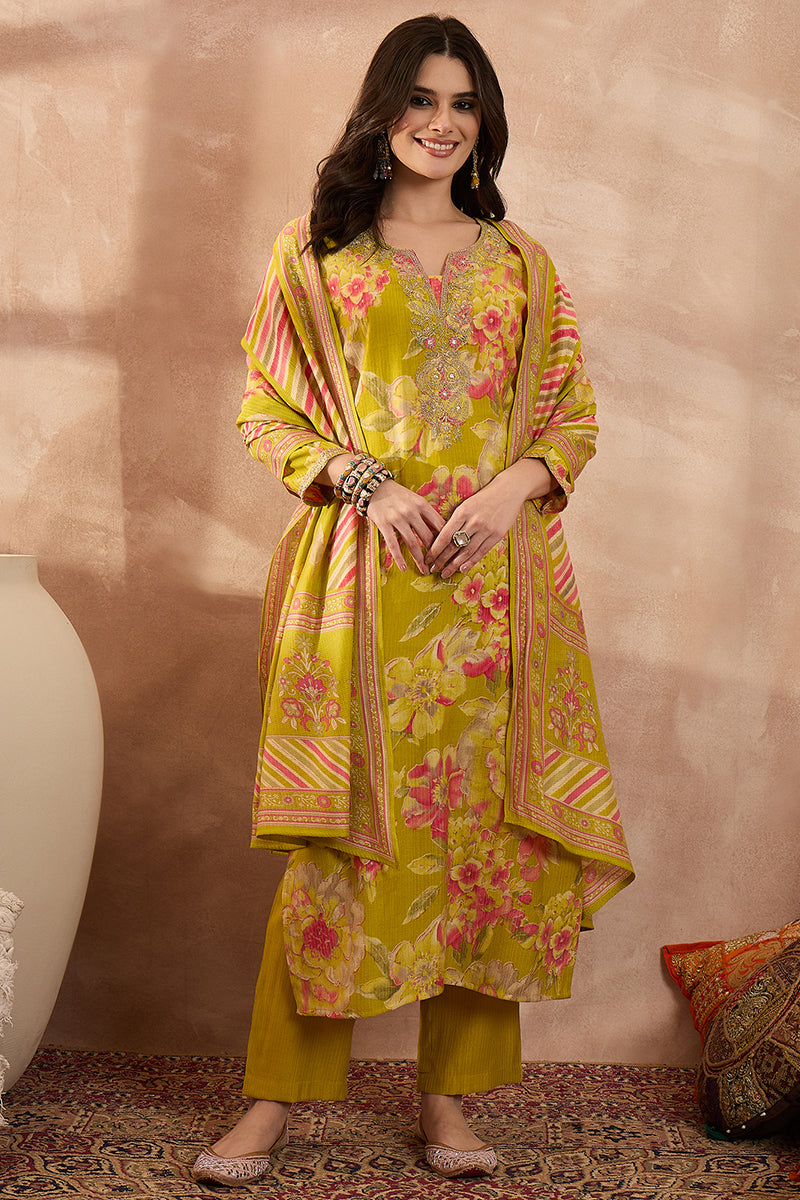 Yellow Polyester Floral Printed Straight Kurta Trousers With Dupatta PKSKD3204