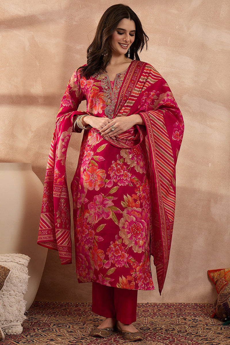 Pink Polyester Floral Printed Straight Kurta Trousers With Dupatta PKSKD3205