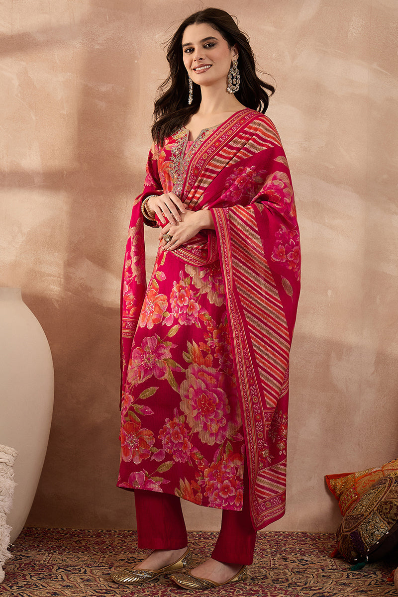 Pink Polyester Floral Printed Straight Kurta Trousers With Dupatta PKSKD3205
