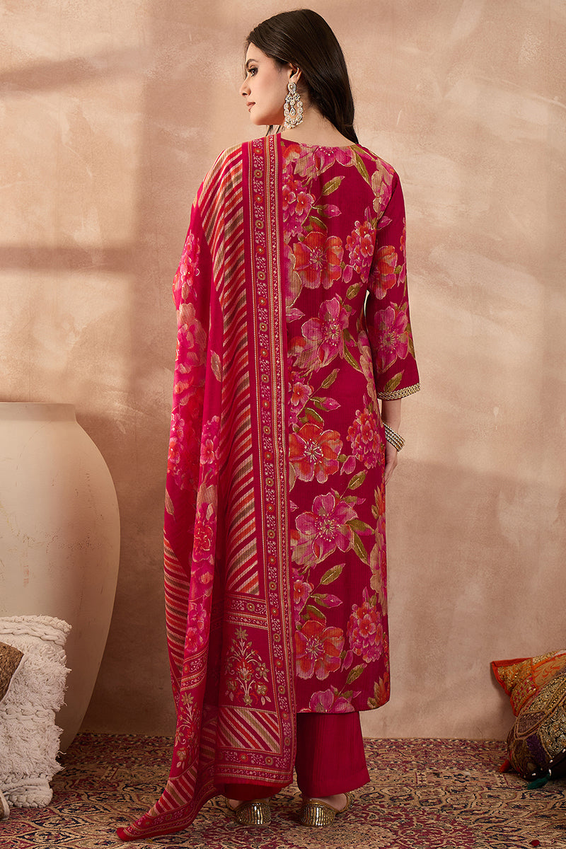 Pink Polyester Floral Printed Straight Kurta Trousers With Dupatta PKSKD3205