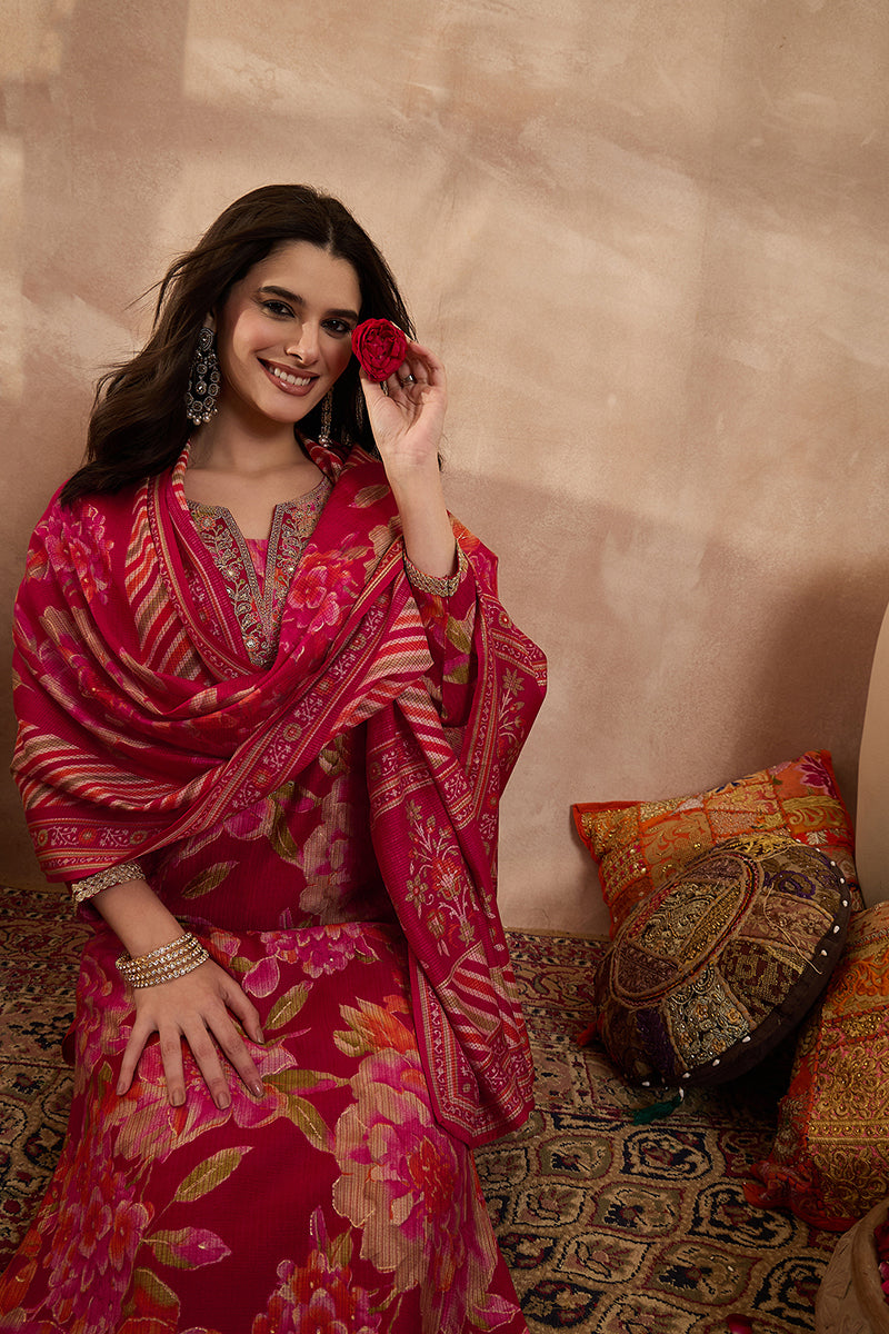 Pink Polyester Floral Printed Straight Kurta Trousers With Dupatta PKSKD3205