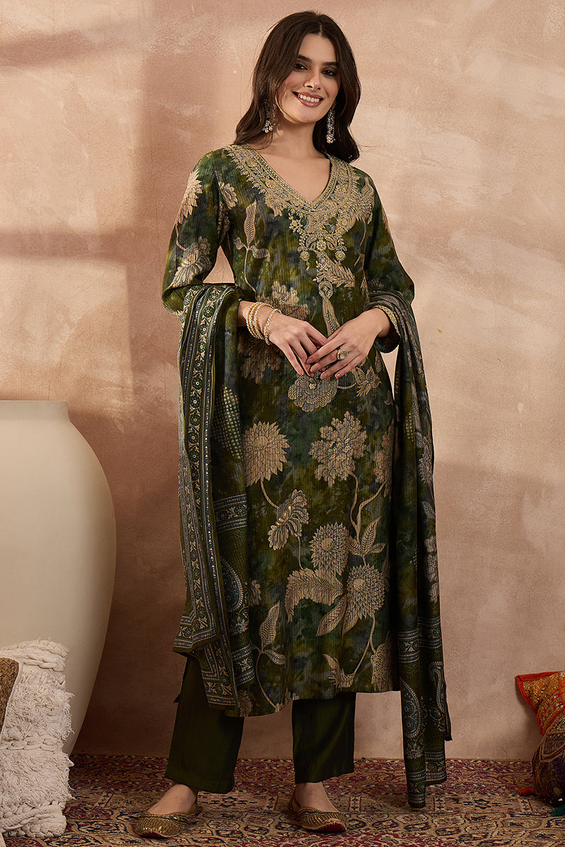 Green Polyester Floral Printed Straight Kurta Trousers With Dupatta PKSKD3206