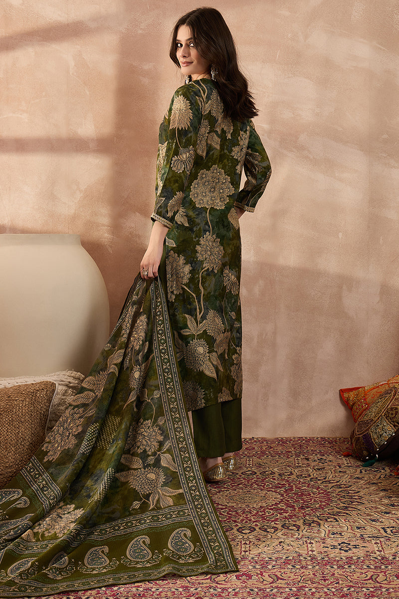 Green Polyester Floral Printed Straight Kurta Trousers With Dupatta PKSKD3206