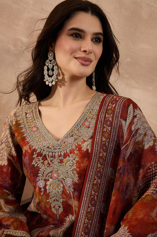 Brown Polyester Floral Printed Straight Kurta Trousers With Dupatta PKSKD3207