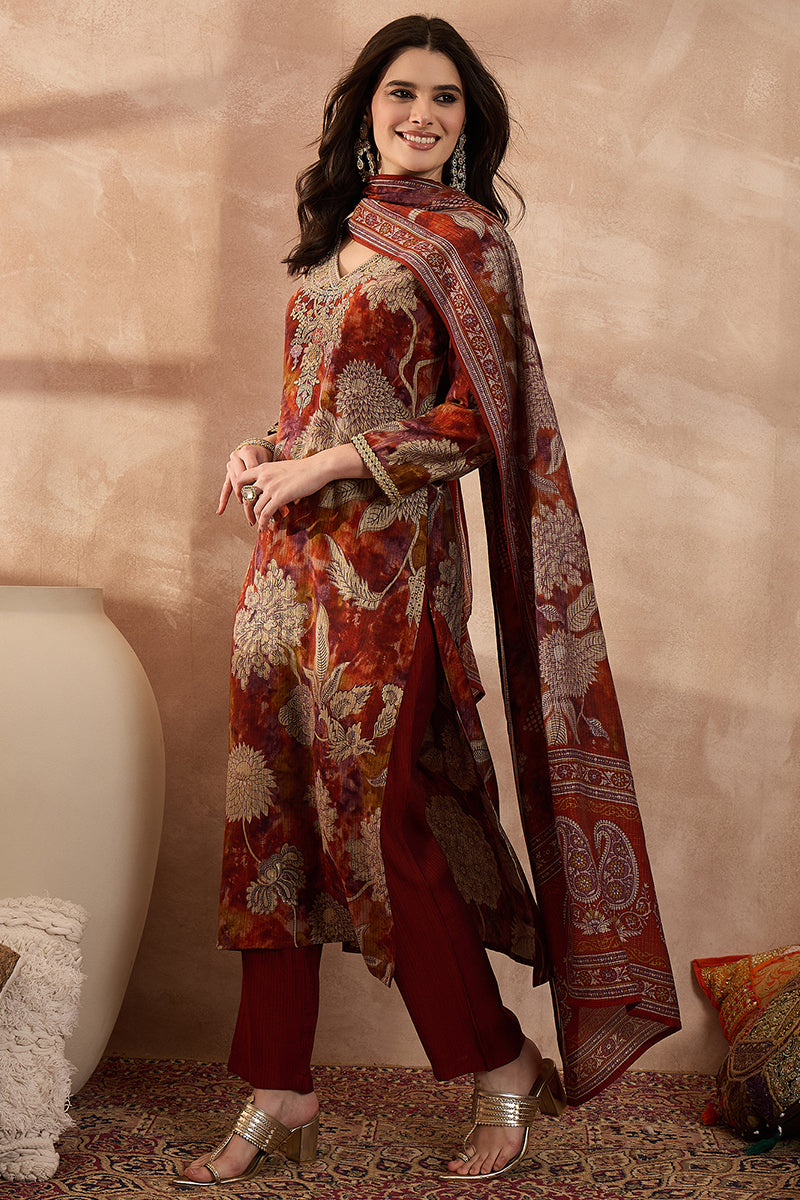 Brown Polyester Floral Printed Straight Kurta Trousers With Dupatta PKSKD3207