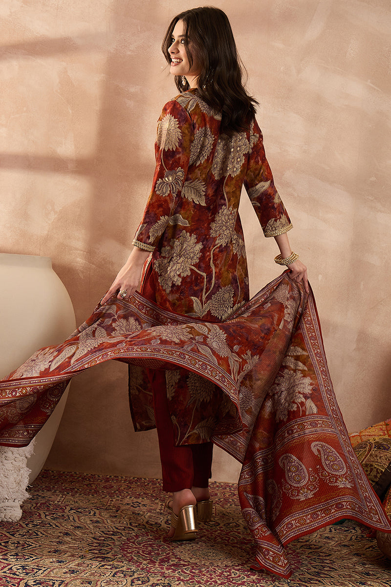 Brown Polyester Floral Printed Straight Kurta Trousers With Dupatta PKSKD3207