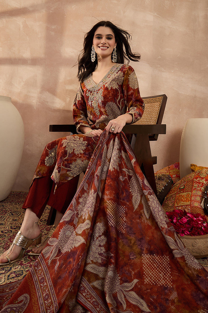 Brown Polyester Floral Printed Straight Kurta Trousers With Dupatta PKSKD3207