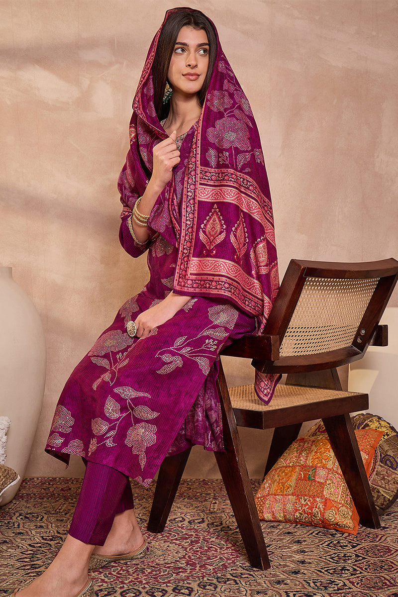 Purple Silk Blend Floral Printed Straight Kurta Trouser With Dupatta PKSKD3216
