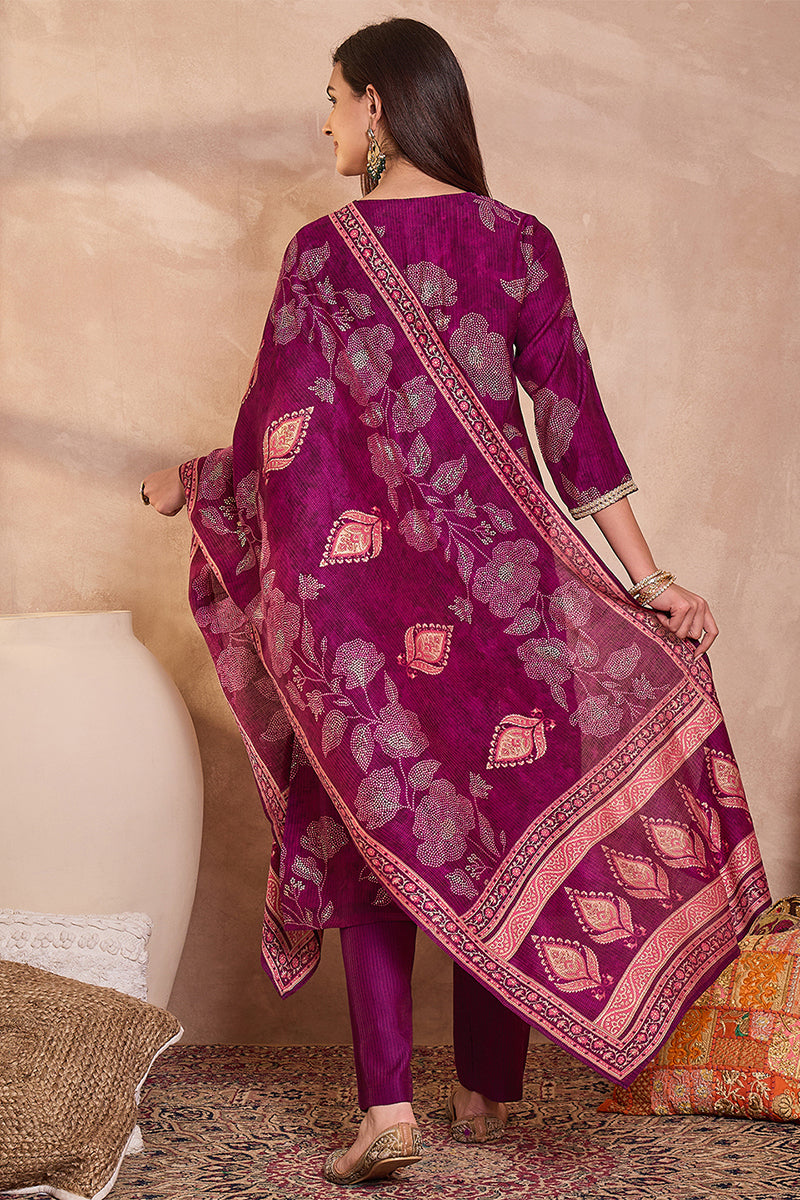 Purple Silk Blend Floral Printed Straight Kurta Trouser With Dupatta PKSKD3216