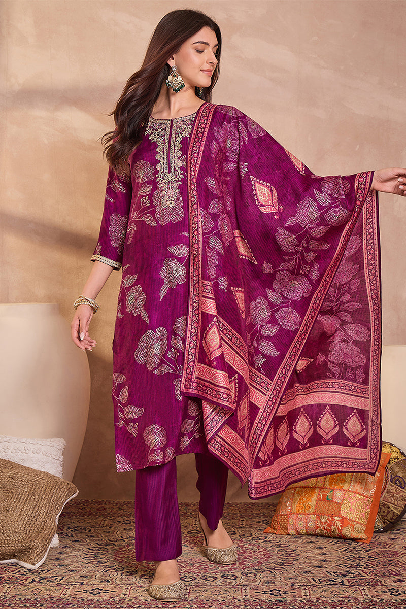 Purple Silk Blend Floral Printed Straight Kurta Trouser With Dupatta PKSKD3216