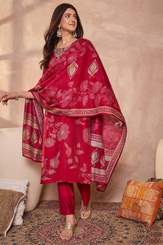 Pink Silk Blend Floral Printed Straight Kurta Trouser With Dupatta PKSKD3218