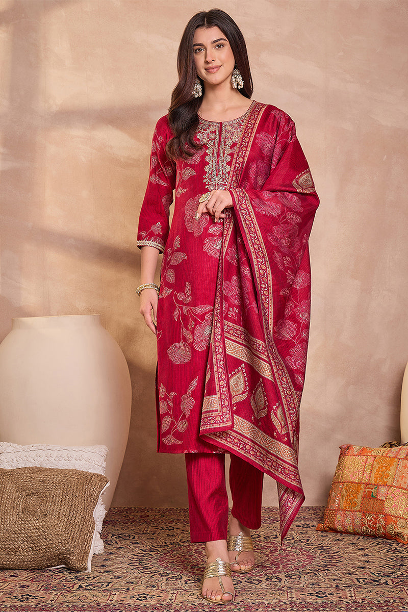 Pink Silk Blend Floral Printed Straight Kurta Trouser With Dupatta PKSKD3218