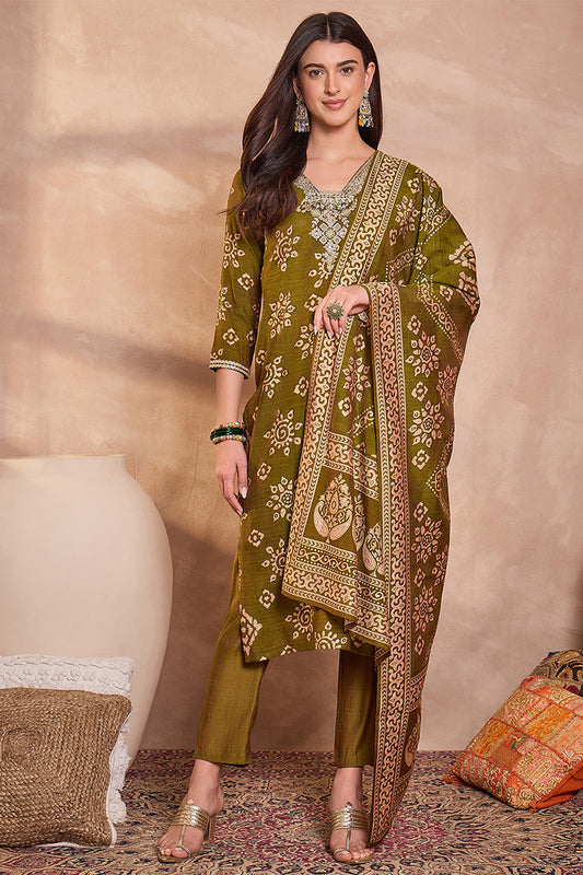 Green Floral Printed Kurta With Trousers And Dupatta PKSKD3227