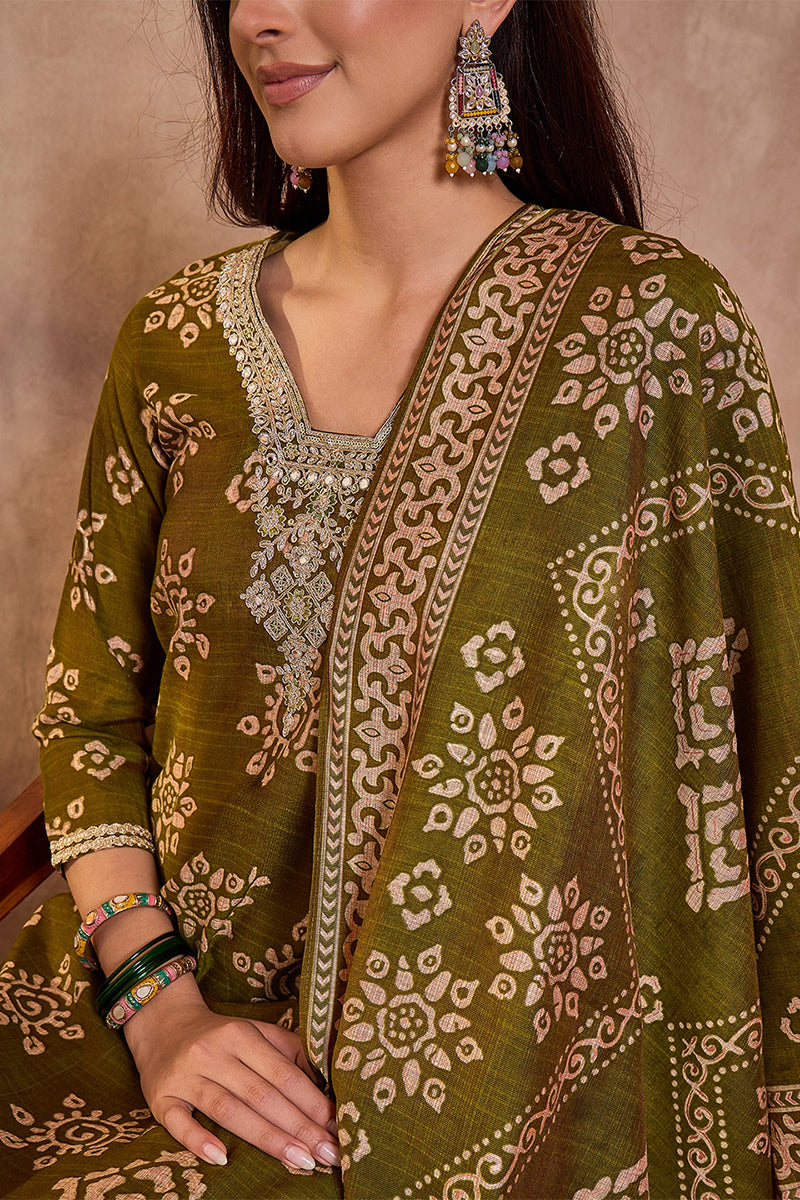 Green Floral Printed Kurta With Trousers And Dupatta PKSKD3227