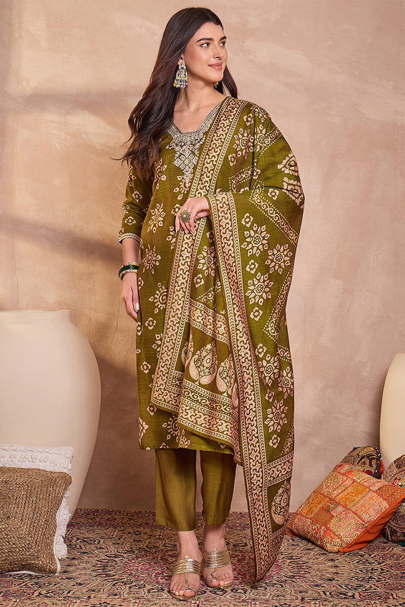 Green Floral Printed Kurta With Trousers And Dupatta PKSKD3227
