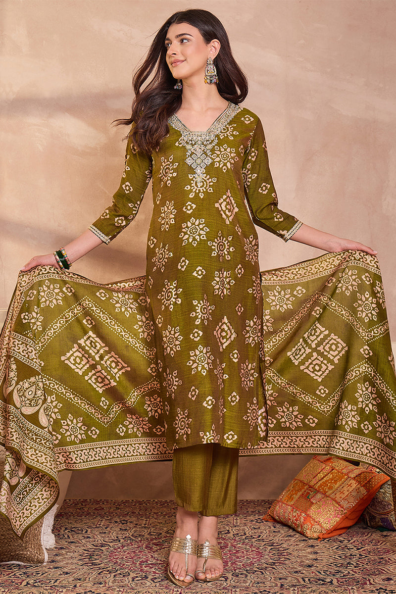 Green Floral Printed Kurta With Trousers And Dupatta PKSKD3227