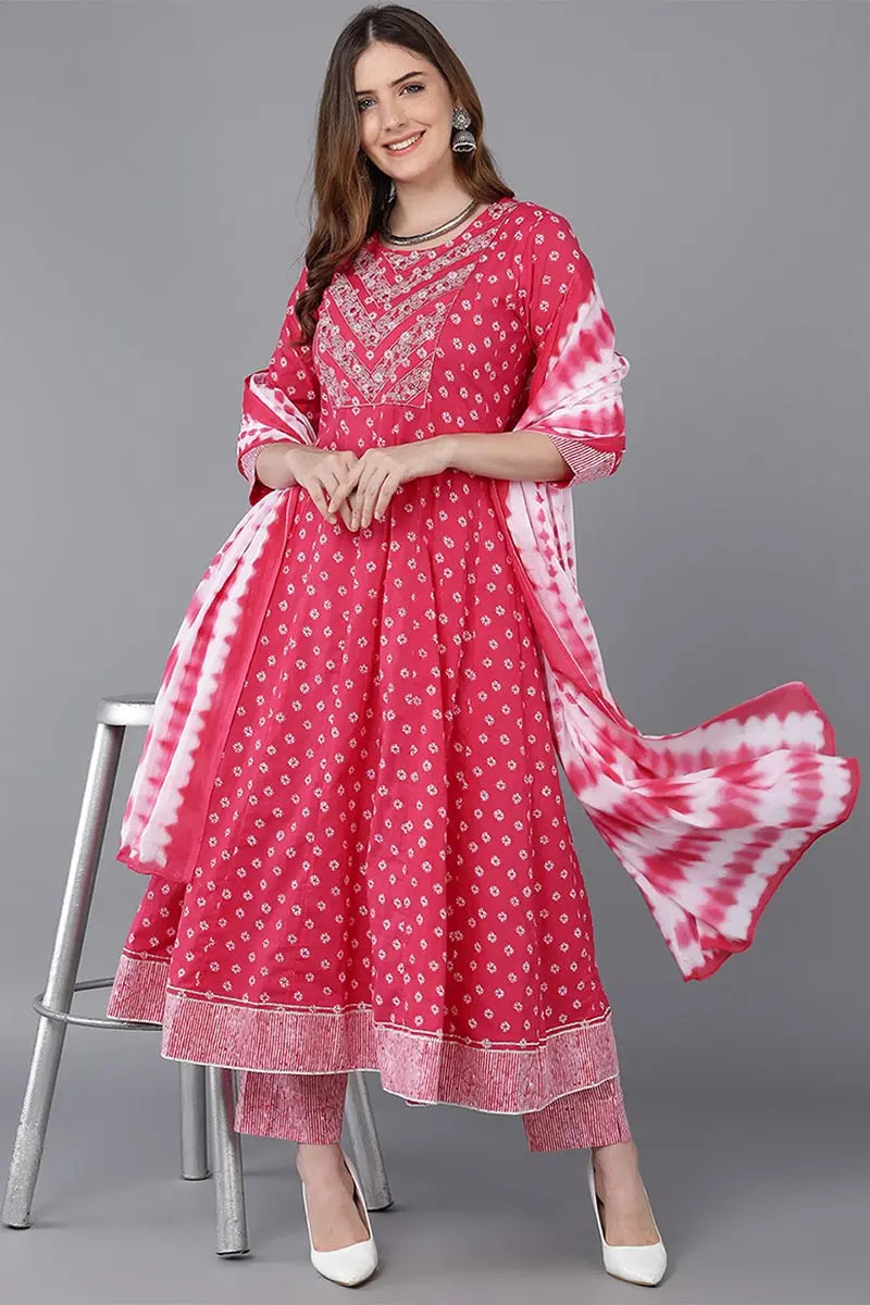 Pink Pure Cotton Anarkali Suit Set VKSKD1539