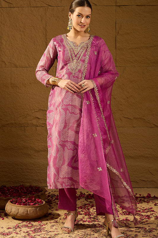 Purple Silk Blend Abstract Woven Design Straight Kurta Trousers With Dupatta SKSKD3003