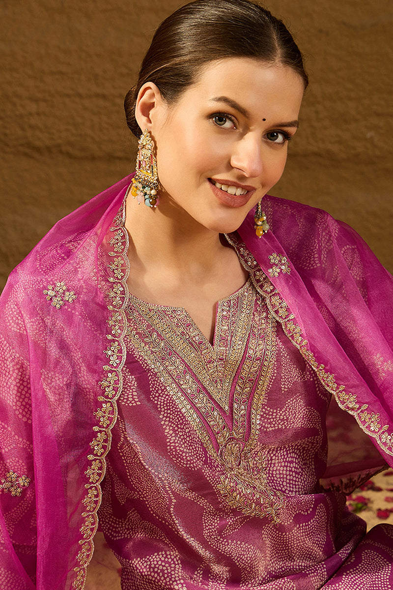 Purple Silk Blend Abstract Woven Design Straight Kurta Trousers With Dupatta SKSKD3003