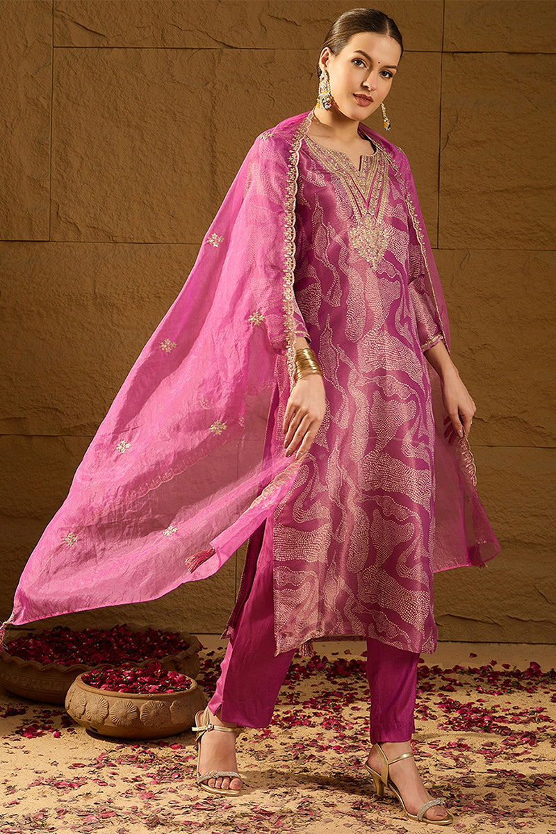 Purple Silk Blend Abstract Woven Design Straight Kurta Trousers With Dupatta SKSKD3003