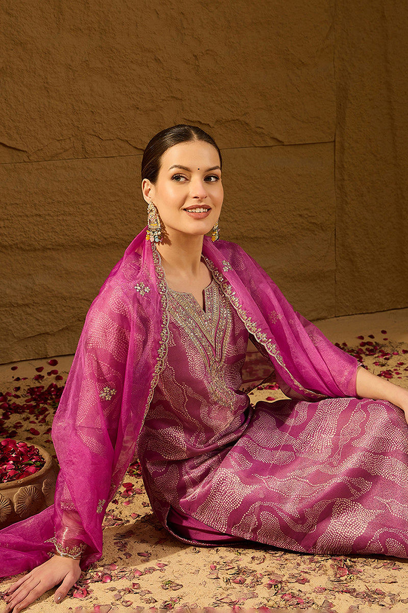 Purple Silk Blend Abstract Woven Design Straight Kurta Trousers With Dupatta SKSKD3003