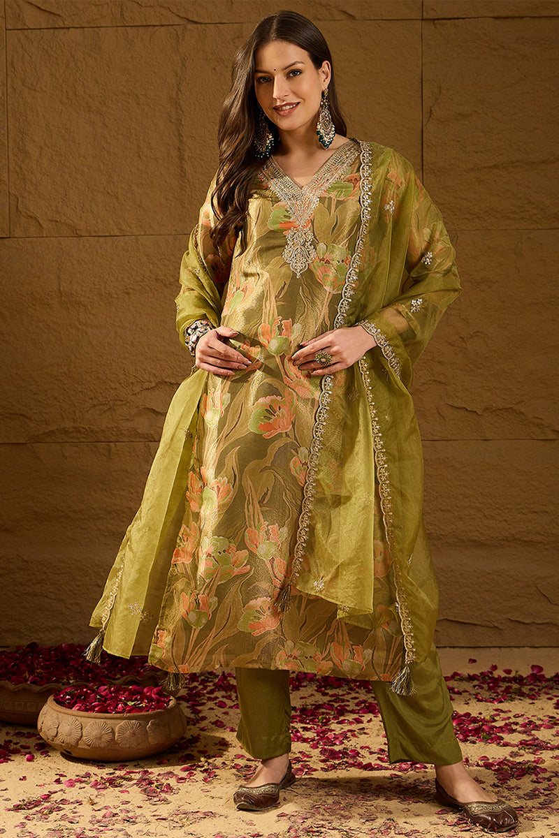 Green Silk Blend Floral Woven Design Straight Kurta Trousers With Dupatta SKSKD3004