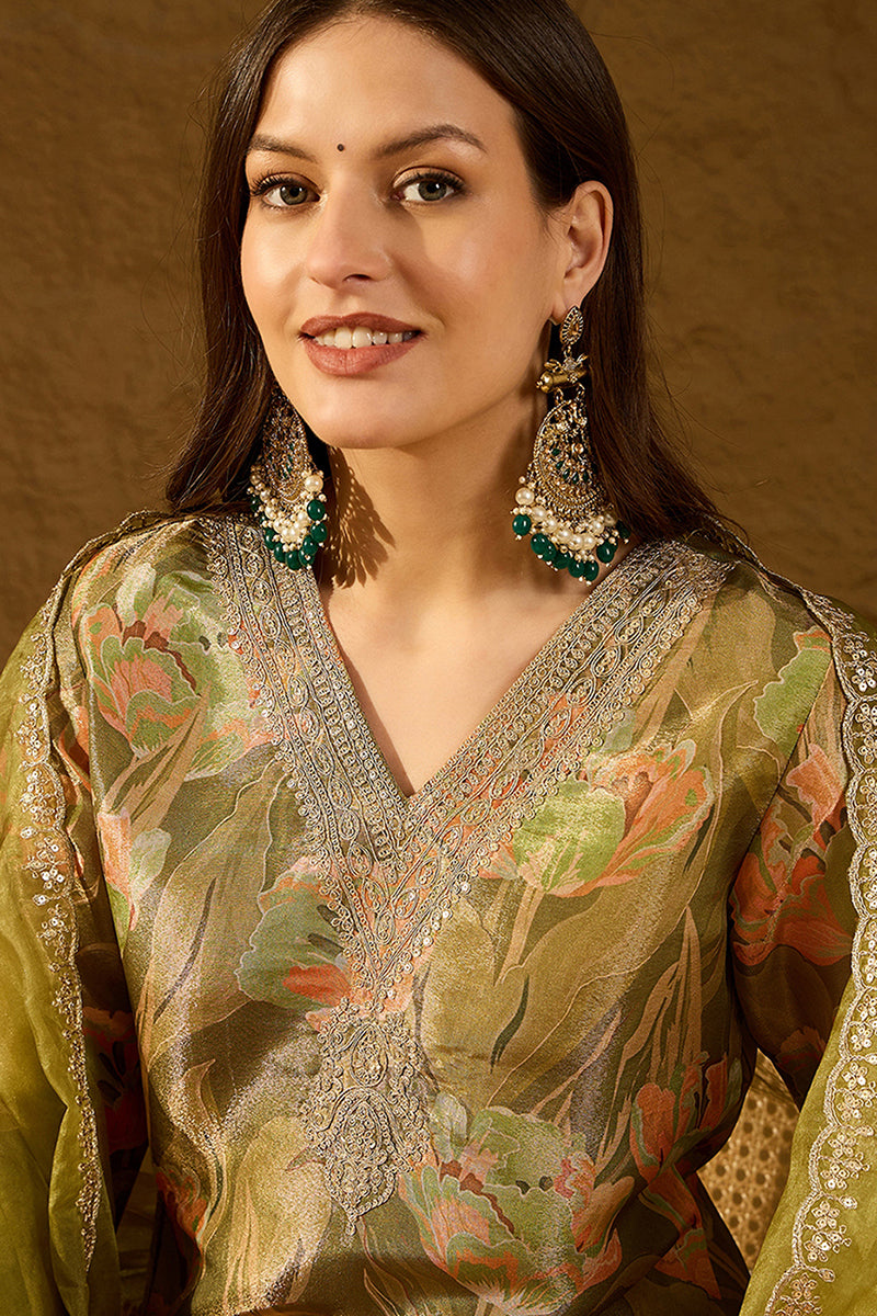 Green Silk Blend Floral Woven Design Straight Kurta Trousers With Dupatta SKSKD3004