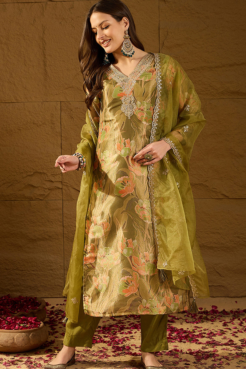 Green Silk Blend Floral Woven Design Straight Kurta Trousers With Dupatta SKSKD3004