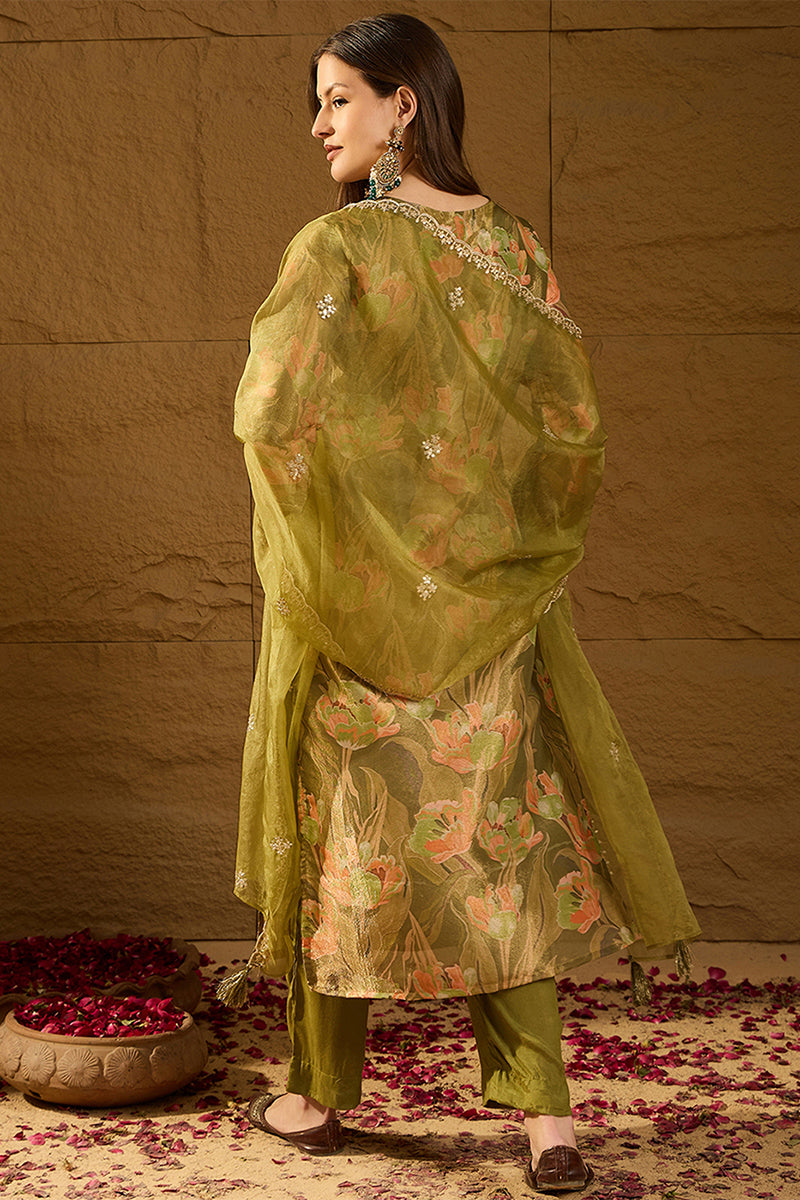 Green Silk Blend Floral Woven Design Straight Kurta Trousers With Dupatta SKSKD3004