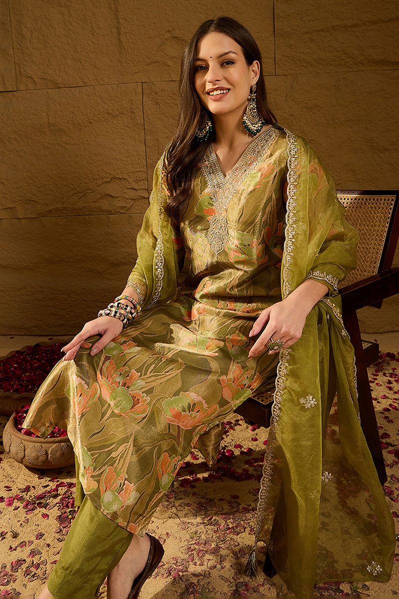 Green Silk Blend Floral Woven Design Straight Kurta Trousers With Dupatta SKSKD3004