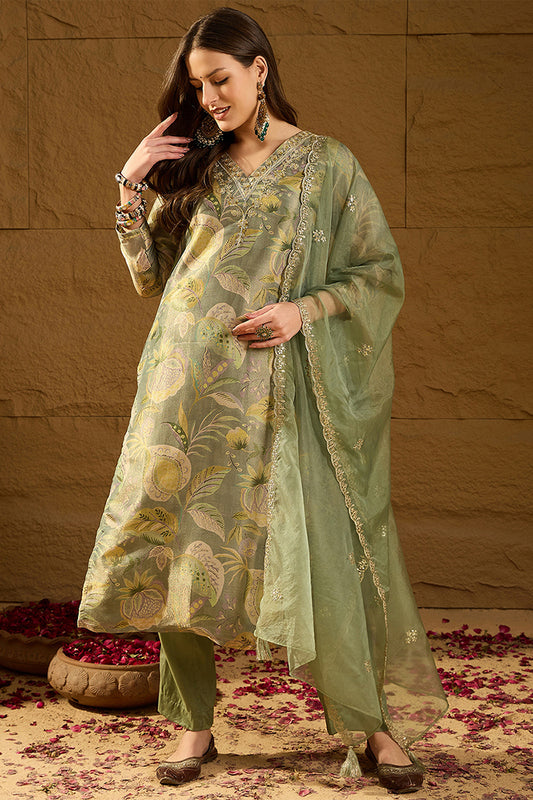 Green Silk Blend Floral Woven Design Straight Kurta Trousers With Dupatta SKSKD3005
