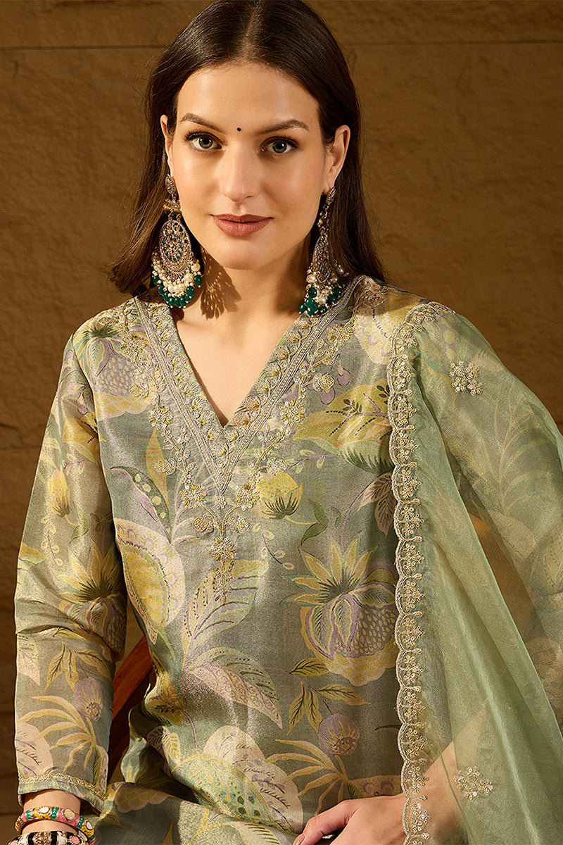 Green Silk Blend Floral Woven Design Straight Kurta Trousers With Dupatta SKSKD3005