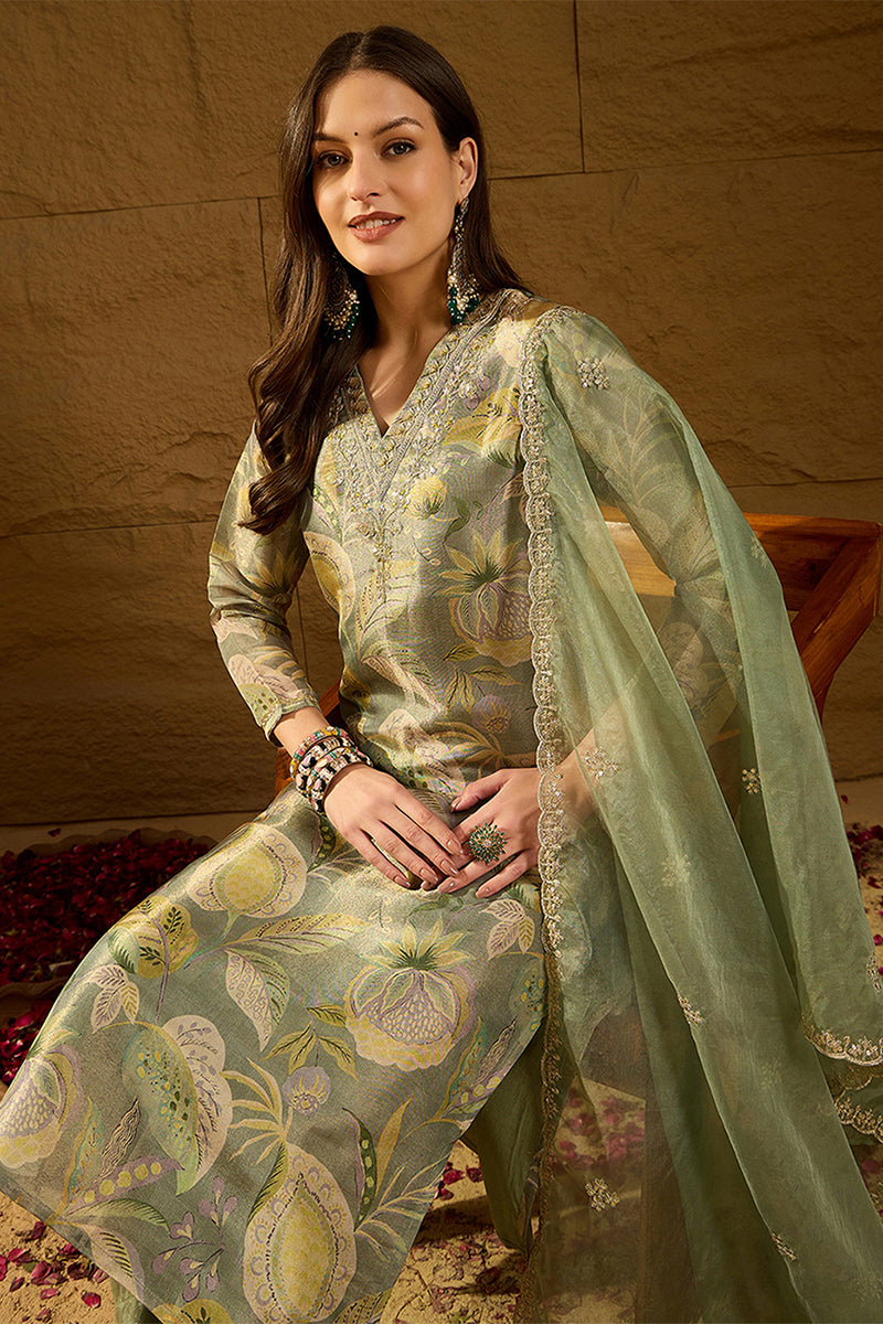 Green Silk Blend Floral Woven Design Straight Kurta Trousers With Dupatta SKSKD3005