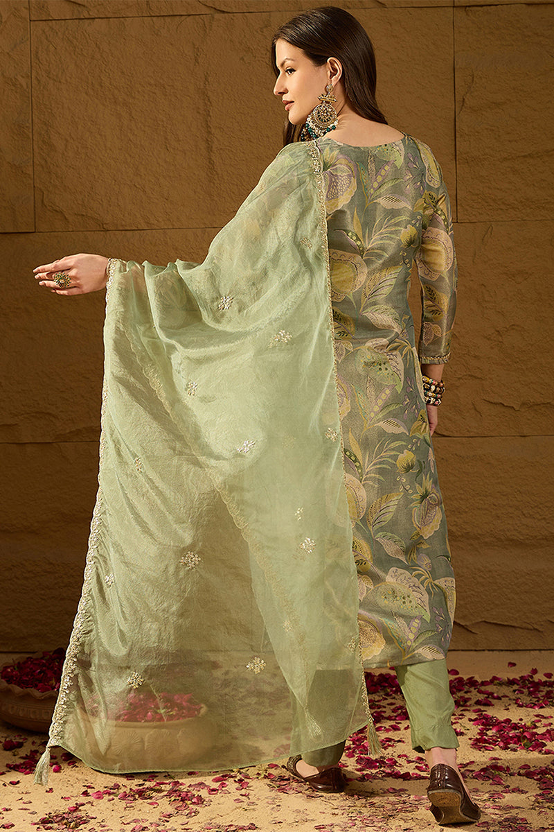 Green Silk Blend Floral Woven Design Straight Kurta Trousers With Dupatta SKSKD3005