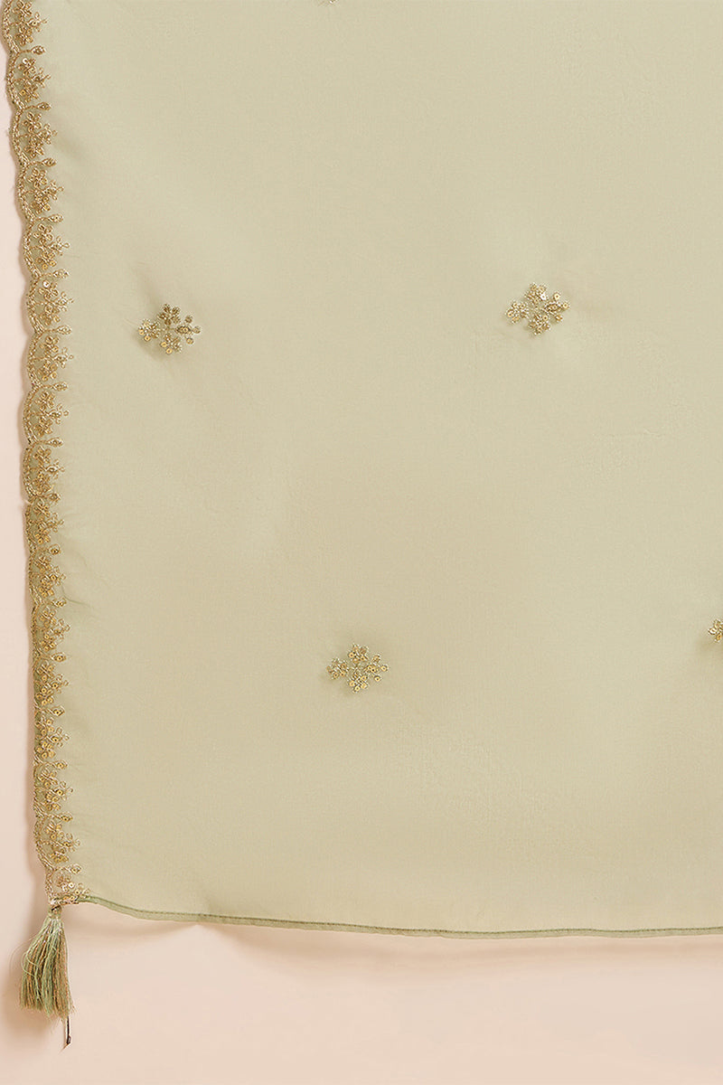 Green Silk Blend Floral Woven Design Straight Kurta Trousers With Dupatta SKSKD3005