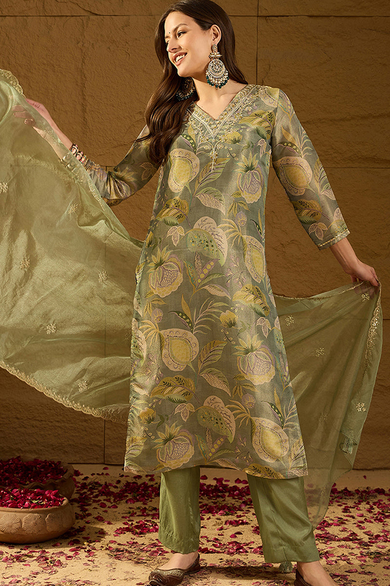 Green Silk Blend Floral Woven Design Straight Kurta Trousers With Dupatta SKSKD3005