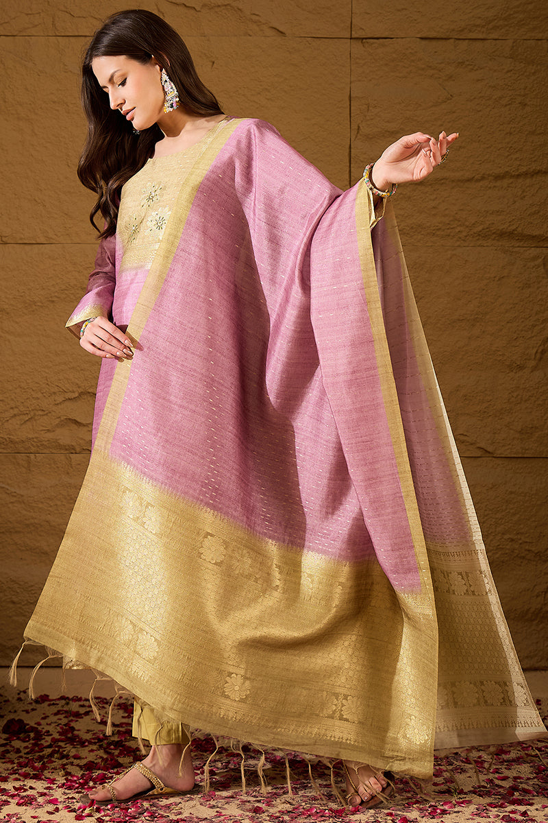 Pink Silk Blend Solid Woven Design Straight Kurta Trousers With Dupatta SKSKD3025