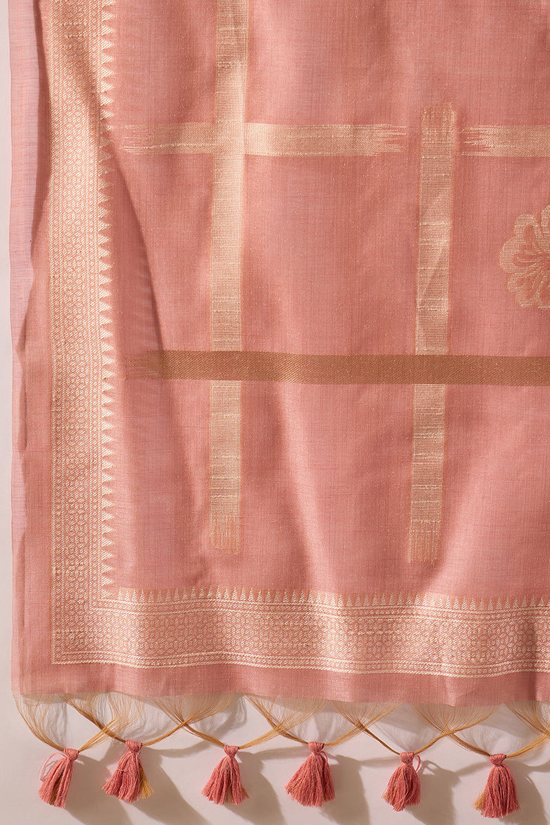 Pink Chanderi Solid Woven Design Straight Kurta Trousers With Dupatta SKSKD3029