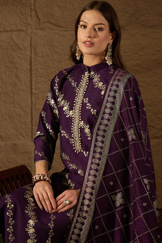 Purple Silk Blend Floral Foil Printed Straight Kurta Sets SKSKD3041