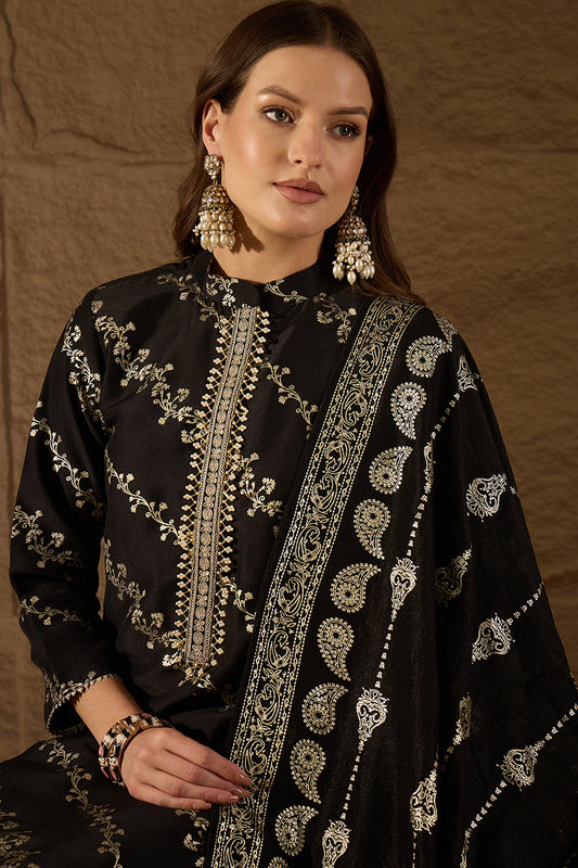 Black Silk Blend Floral Foil Printed Straight Kurta Sets SKSKD3042