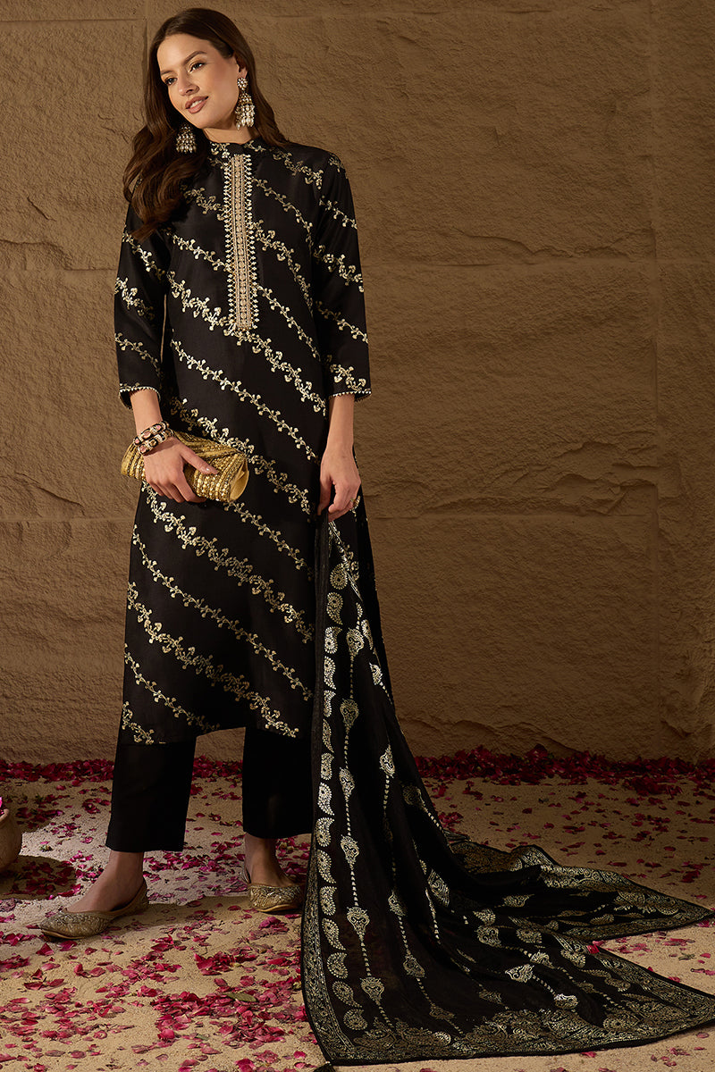 Black Silk Blend Floral Foil Printed Straight Kurta Sets SKSKD3042