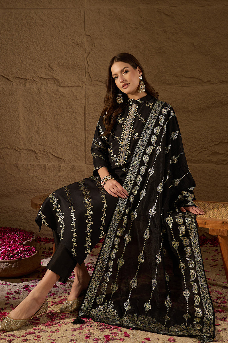 Black Silk Blend Floral Foil Printed Straight Kurta Sets SKSKD3042
