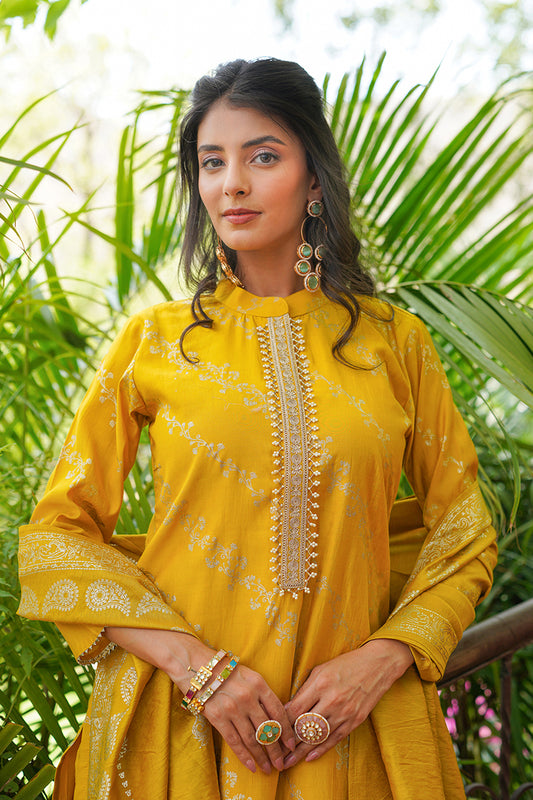 Yellow Silk Blend Floral Printed Straight Kurta Trousers With Dupatta SKSKD3043