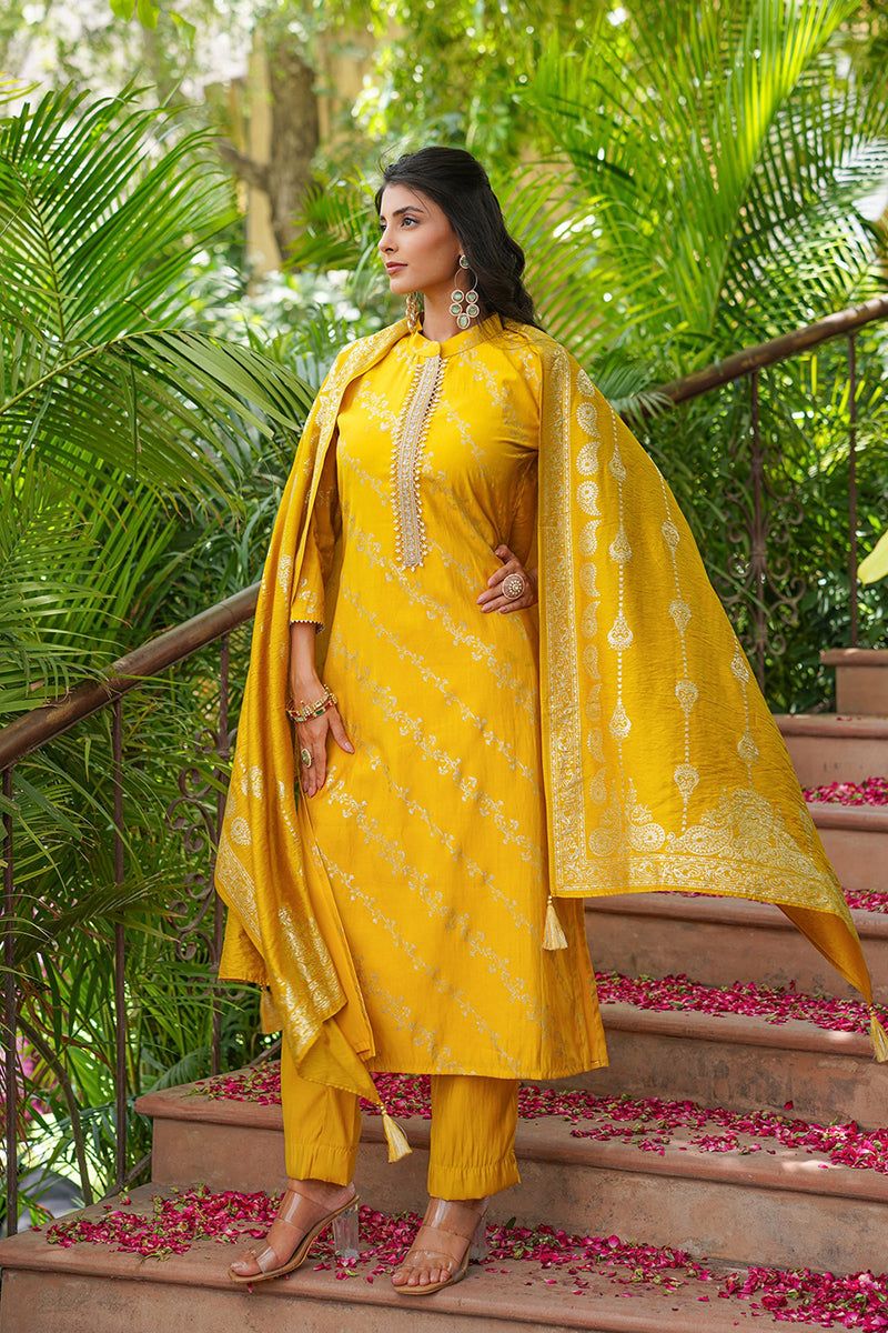 Yellow Silk Blend Floral Printed Straight Kurta Trousers With Dupatta SKSKD3043