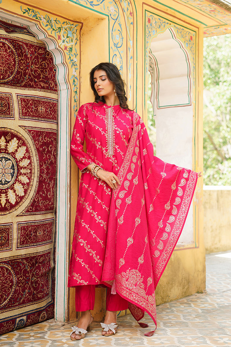 Pink Silk Blend Floral Printed Straight Kurta Trousers With Dupatta SKSKD3044