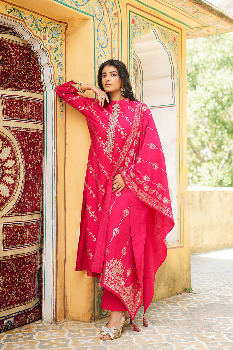 Pink Silk Blend Floral Printed Straight Kurta Trousers With Dupatta SKSKD3044