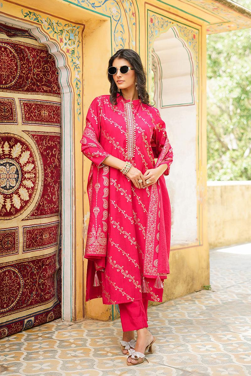 Pink Silk Blend Floral Printed Straight Kurta Trousers With Dupatta SKSKD3044
