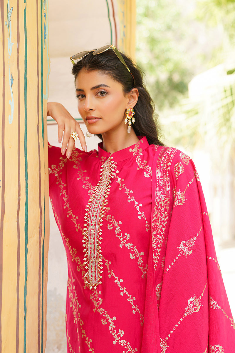 Pink Silk Blend Floral Printed Straight Kurta Trousers With Dupatta SKSKD3044