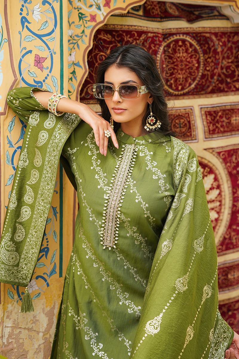 Olive Silk Blend Floral Printed Straight Kurta Trousers With Dupatta SKSKD3045